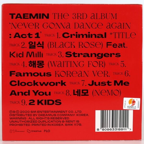 Taemin - Never Gonna Dance Again: Act 1 [Suspect Ver.] Album CD No PC Shinee 2
